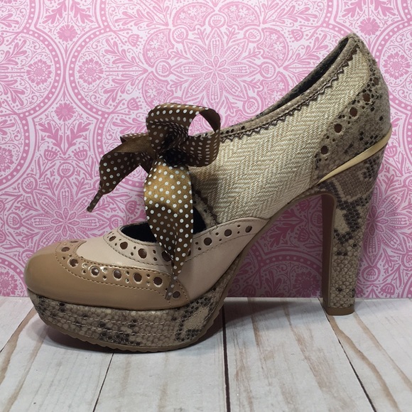 Poetic Licence Foolproof Oxford tan heel platform sexy bow retro sz 6 - Picture 1 of 14